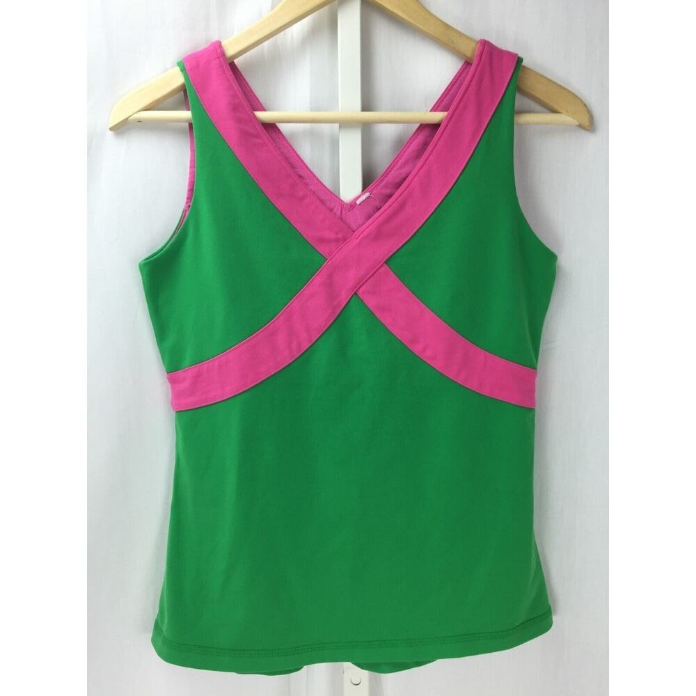 Lululemon Fittness Yoga Running Green & Pink Tank Top Fitted Stetch Style Sz 4 6